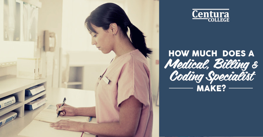 Nurse standing at a desk writing on a paper. A block next to the image says How much does a medical billing and coding specialist make?