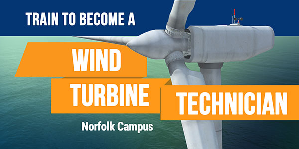 Wind turbine with the words "Wind Turbine Technician" over it
