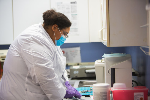 A medical assistant prepares the exam room inside a physician's office or hospital setting.