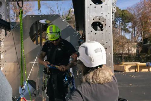 Wind turbine technicians working on a turbine