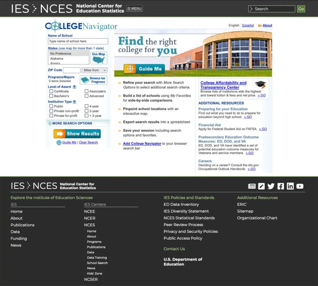 A screenshot of the NCES website homepage